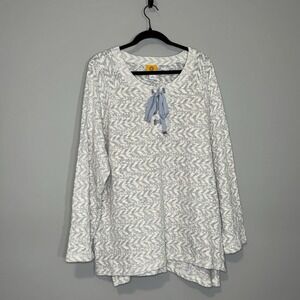 Ruby Rd Woman Sweater Tunic White Blue‎ Geometric Lace Up 2X Textured Knit